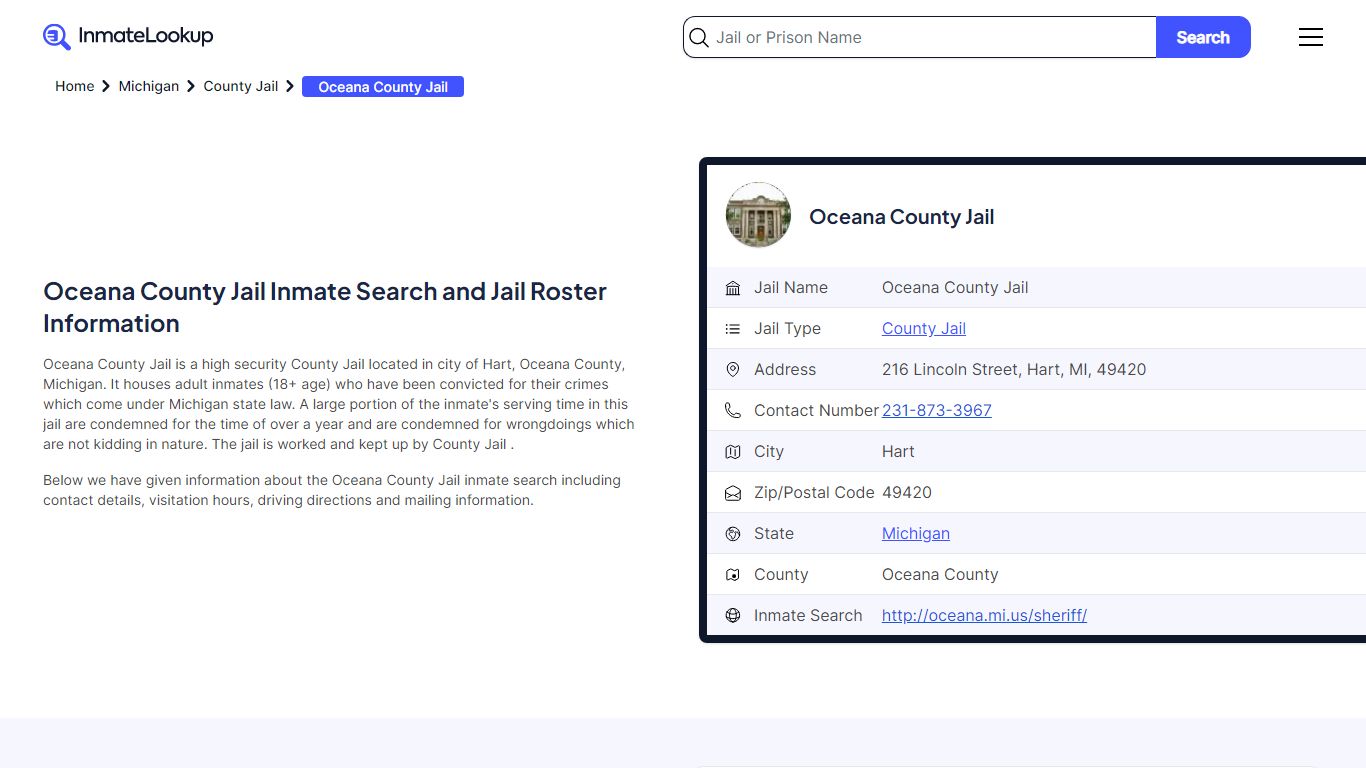 Oceana County Jail Inmate Search and Jail Roster Information